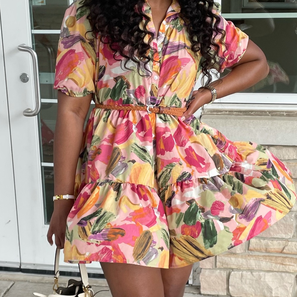 Brush print puff sleeve smock dress